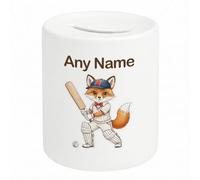 UNIGIFT Personalised Gift - Cricket Fox White Money Box (Animal Design) Any Name Message Unique - Cute Kit Cub Tod Reynard Illustration Artwork Piggy bank