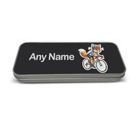 UNIGIFT Personalised Gift - Cycling Fox Black Metal Pencil Case Tin (Sport Animal Design) Custom Name Message Box Organiser - Cute Kit Cub Tod Reynard Bicycle
