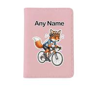 UNIGIFT Personalised Gift - Cycling Fox Pink Passport Holder Cover (Sport Animal Design) Custom Name Message - Cute Kit Cub Tod Reynard Bicycle