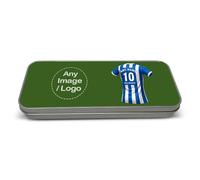 UNIGIFT Personalised Gift - East Sussex Football Fan Green Metal Pencil Case Tin (Blue and White Stripes Design) Custom Name Message Box Organiser- BN1 Club