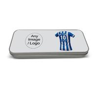 UNIGIFT Personalised Gift - East Sussex Football Fan White Metal Pencil Case Tin (Blue and White Stripes Design) Custom Name Message Box Organiser - BN1 Club