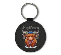 UNIGIFT Personalised Gift - Funny Highland Cow Black Round Keyring (Farm Animal Design) Custom Name Keychain - Cute Union Jack Scarf Flat Cap