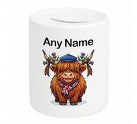 UNIGIFT Personalised Gift - Funny Highland Cow White Money Box (Farm Animal Design) Custom Name Message Piggy bank - Cute Union Jack Scarf Flat Cap