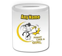 UNIGIFT Personalised Gift - Karate Fight Like Girl Money Box (Martial Arts Design Theme, White) - Any Name/Message on Your Unique - Saving Piggy Bank - Kung Fu Japanese Japan Ryukyu Kingdom Karateka