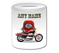 UNIGIFT Personalised Gift - Motorcycling Money Box (Penguin in Costume Design Theme, White) - Any Name/Message on Your Unique - Saving Piggy Bank - Motor Rider Bike Cycle Motorcycle