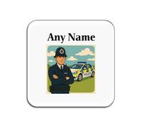 UNIGIFT Personalised Gift - Policeman and Police Car White Square Gloss Coaster (Professional Design) Any Name Message Unique - PC SGT INSP CID DS Detective Constable Sergeant Hat Cap Helmet