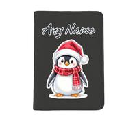 UNIGIFT Personalised Gift - Red Hat Penguin Black Passport Holder Cover (Animal Design) Any Name Message Unique - Cute Illustration Christmas Artwork