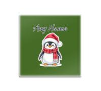 UNIGIFT Personalised Gift - Red Hat Penguin Green Square Glass Coaster (Animal Design) Any Name Message Unique - Cute Illustration Christmas Artwork