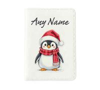 UNIGIFT Personalised Gift - Red Hat Penguin White Passport Holder Cover (Animal Design) Any Name Message Unique - Cute Illustration Christmas Artwork