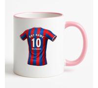 UNIGIFT Personalised Gift - South London Football Fan Pink Handle Mug (Red and Blue Stripes Jersey Design) Custom Name Message Cup - Croydon SE25 Club