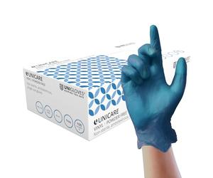 Unigloves Unicare Disposable Blue Vinyl Gloves, Powder Free, Non Sterile, Ambidextrous, Size Extra Large, Dispenser Box of 100 Gloves (GS0085)