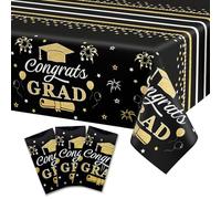 UNIIDECO 3 Pack Graduation Tablecloth Congrats Grad Disposable Tablecloth Graduation Decorations Class Of 2025 Party Supplies Rectangular Plastic Table Cover 54 x 108 Inch (Black Gold)