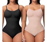 UniikStuff 2 Pack Bodysuit for Women - Seamless Tummy Control Shapewear Sculpting Thong Sleeveless Women Body Shaper, Black-thong+beige-thong, Medium