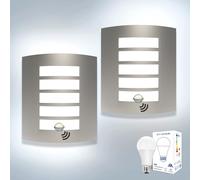 Unikcst 2X Outdoor Wall Lights PIR Motion Sensor, Curved Outside Lights with Sensor IP44 Waterproof Stainless Steel Exterior Wall Sconce Incl. 12W LED E27 Bulbs Cool White