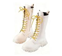 unilarinna Girls Knee-High Boots with Gold Laces Girls Lace Up Riding White Boots with Side Zippers Mid Calf Pu Leather Waterproof School Shoes Punk Goth Boot Cowgirl White Laces Shoe Kids Girls'