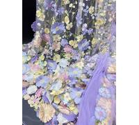 Unilateral Embroidered Cloth 3D Applique Embroidered Fabric High-end Women's Dresses Wedding Dress Material Fabric for Sewing(Violet mesh)