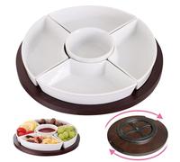 Unilives Chip and Dip Serving Set, Divided Serving Tray Wooden Lazy Susan with Removable Dipping Bowls, 360° Rotatable Porcelain Fruit Trays for Serving for Party, Appetizer, Chips, Fruits, Snack