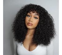 UNILO Human Hair Wig with Fringe - 14 Inch Kinky Curly Machine Made Wig with Bangs, Re-Stylable Dyeable Breathable Glueless Real Hair Wigs for Black Women.