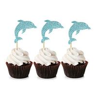 Unimall Global 24 Pieces Glitter Blue Dolphin Cupcake Toppers Sea Theme Cupcake Picks for Baby Shower Sea Theme Birthday Party Decoration Accessories