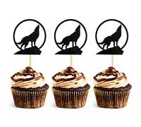 Unimall Global Pack of 24 Wolf Silhouette Cupcake Toppers Black Glitter Wolf Howling Cake Decorations for Theme Party Birthday Wedding Party