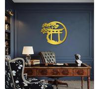 Unimart Japanese Wall Art Metal Asian Art Japanese Decor Nature Art Cherry Blossom Tree Torii Gate Religious Wall Decor Shinto Landscape Decoration Home Decor Aesthetics - Gold, 18.5x16.2 inch/47x41