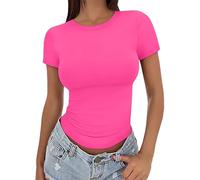 Unimate 2026 Womens 3 Pack Short Sleeve Tops Fashion Crew Neck Shirt Summer Basic T-Shirts Lightweight Slim Fit Y2K Tops Soft Comfortable Stretch Tight Crop Top Streetwear Hot Pink