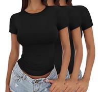 Unimate 2026 Womens 3 Pack Short Sleeve Tops Fashion Crew Neck Shirt Summer Basic T-Shirts Lightweight Slim Fit Y2K Tops Soft Comfortable Stretch Tight Crop Top Streetwear Black