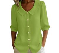 Unimate Cotton Tops for Women UK Peter Pan Collar Button-Down Blouses 3/4 Puff Sleeve V-Neck Top Casual Elegant Shirt Lightweight Breathable Loose Fit Summer Tops Workwear and Daily Wear Green