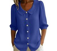 Unimate Cotton Tops for Women UK Peter Pan Collar Button-Down Blouses 3/4 Puff Sleeve V-Neck Top Casual Elegant Shirt Lightweight Breathable Loose Fit Summer Tops Workwear and Daily Wear Blue