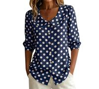 Unimate Cotton Tops for Women UK Peter Pan Collar Button-Down Blouses 3/4 Puff Sleeve V-Neck Top Casual Elegant Shirt Lightweight Breathable Loose Fit Summer Tops Workwear and Daily Wear Navy