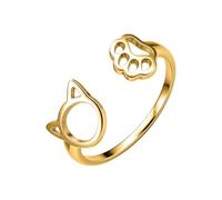 Unimooie Gold-plated stainless steel ring in open design with openwork cat paw and cat head at the end, slim, lightweight, comfortable to wear, easily adjustable for animal lovers and pet lovers