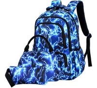 Unineovo Lightning Bookbag for Boys, 3-in-1 Kids Backpack Set with Lunch Bag & Pencil Case, Schoolbag for Ages 6-12, Ideal for Travel Camping