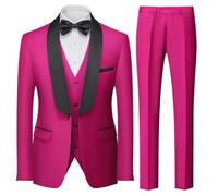 UNINUKOO Men Suits Slim Fit 3 Piece Tuxedo Set Shawl Lapel Wedding Casual Formal Tuxedo with Bow Tie, Hot Pink, S