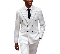UNINUKOO Mens 2 Piece Pinstripe Suit for Men Double Breasted Tuxedo Business Wedding Dinner Party Jacket Pants Suit Set, White, 40