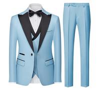 UNINUKOO Men's 3 Piece Suit Formal Dinner Classic Wedding Prom Regular Fit Peak Lapel Tuxedo for Men, Light Blue, L