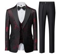 UNINUKOO Men's 3 Piece Suit Formal Dinner Classic Wedding Prom Regular Fit Peak Lapel Tuxedo for Men, Printed Red, XXL