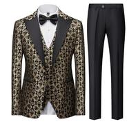 UNINUKOO Men's 3 Piece Suit Formal Dinner Classic Wedding Prom Regular Fit Peak Lapel Tuxedo for Men, Floral Gold, XL