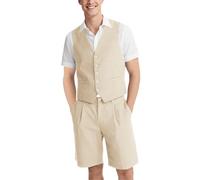 UNINUKOO Men's Linen Suit 2 Piece Vest and Shorts Suits for Men Summer Beach Weddings Set Dress Casual Party Tuxedo Suit Set, Beige, 3XL