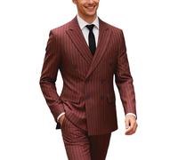 UNINUKOO Men's Suits 2 Piece Pinstripe Double Breasted Tuxedo Suit for Men Slim Fit Formal Dress Blazer Jacket Pants, Burgundy, XXL