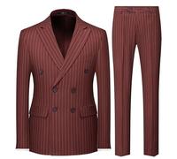 UNINUKOO Men's Suits 2 Piece Pinstripe Double Breasted Tuxedo Suit for Men Slim Fit Formal Dress Blazer Jacket Pants, Burgundy, S