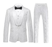 UNINUKOO Mens Suits 3 Piece Prom Floral Wedding Tuxedo Suit Set, White Flower, 34