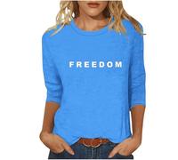 Union Flag t Shirt Freedom T Shirt for Women Casual 3/4 Sleeve Crewneck American Shirt Letter Print Graphic Color Block Funny Freedom Tshirt Sky Blue XXXL
