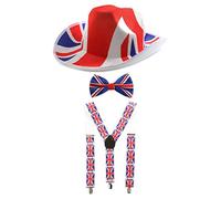 Union Jack Accessory Set - Pack of 3 - Union Jack Braces, Bowtie and Cowboy Hat - Adults King's Coronation VE Day Street Party Fancy Dress Costume