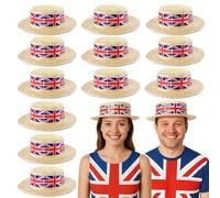 Union Jack Boater Hats - Pack of 12 - Straw Boater Hats with Union Jack Flag Band - King's Coronation, VE Day, Jubilee Events, Street Party Fancy Dress Accessory
