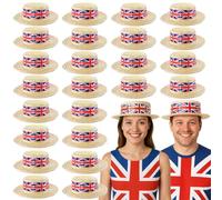Union Jack Boater Hats - Pack of 24 - Straw Boater Hats with Union Jack Flag Band - King's Coronation, VE Day, Jubilee Events, Street Party Fancy Dress Accessory