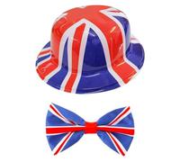 Union Jack Bowler Hat and Bow Tie Set - Pack Of 6 - Classic Plastic British Flag Bowler Hat & Matching Union Jack Bow Tie - Patriotic Costume Accessory for King’s Coronation and British Events