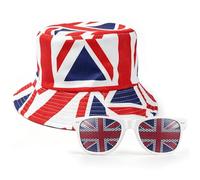 Union Jack Bowler Hats and Union Jack Glasses, Double-Side Reversible British Flag Bucket Hat Adult Union Jack Flag Sunglasses Great Britain Glasses for Street Party Eurovision National Celebrations