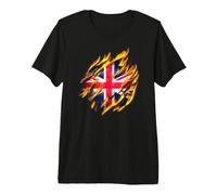 Union Jack British Flag Torn Scratched Flames Fiery Effect Premium T-Shirt