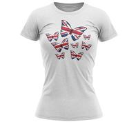Union Jack Butterflies Womens T Shirt Great Britain 2024 Sports Ladies Tee, XXL, White