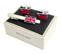 Union Jack Cufflinks and Tie Bar Set, Silver-Tone Enamel, British Flag Theme, with Gift Box, Onyx Art TBC23, in Premier Life Store Box